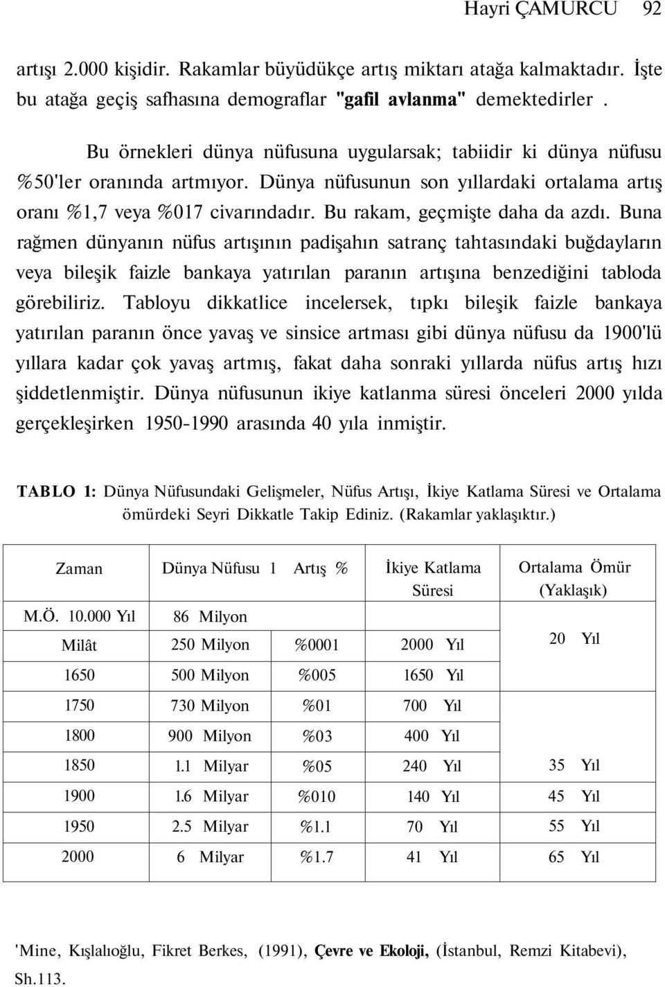 Bu rakam, geçmişte daha da azdı. Buna rağmen dünyanın nüfus artışının padişahın satranç tahtasındaki buğdayların veya bileşik faizle bankaya yatırılan paranın artışına benzediğini tabloda görebiliriz.