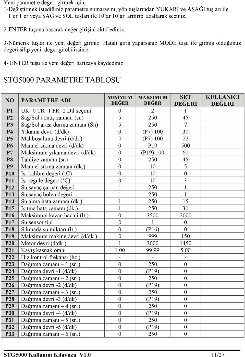 4- ENTER tuşu ile yeni değeri hafızaya kaydediniz.