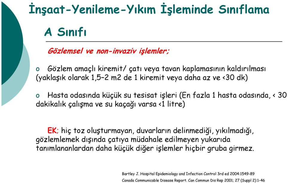 EK; hiç toz oluşturmayan, duvarların delinmediği, yıkılmadığı, gözlemlemek dışında çatıya müdahale edilmeyen yukarıda tanımlananlardan daha küçük diğer işlemler