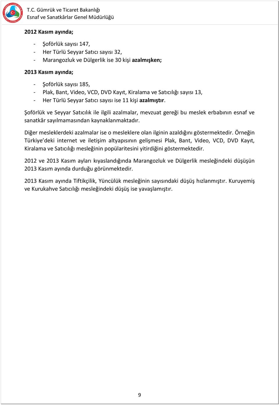 Şoförlük ve Seyyar Satıcılık ile ilgili azalmalar, mevzuat gereği bu meslek erbabının esnaf ve sanatkâr sayılmamasından kaynaklanmaktadır.