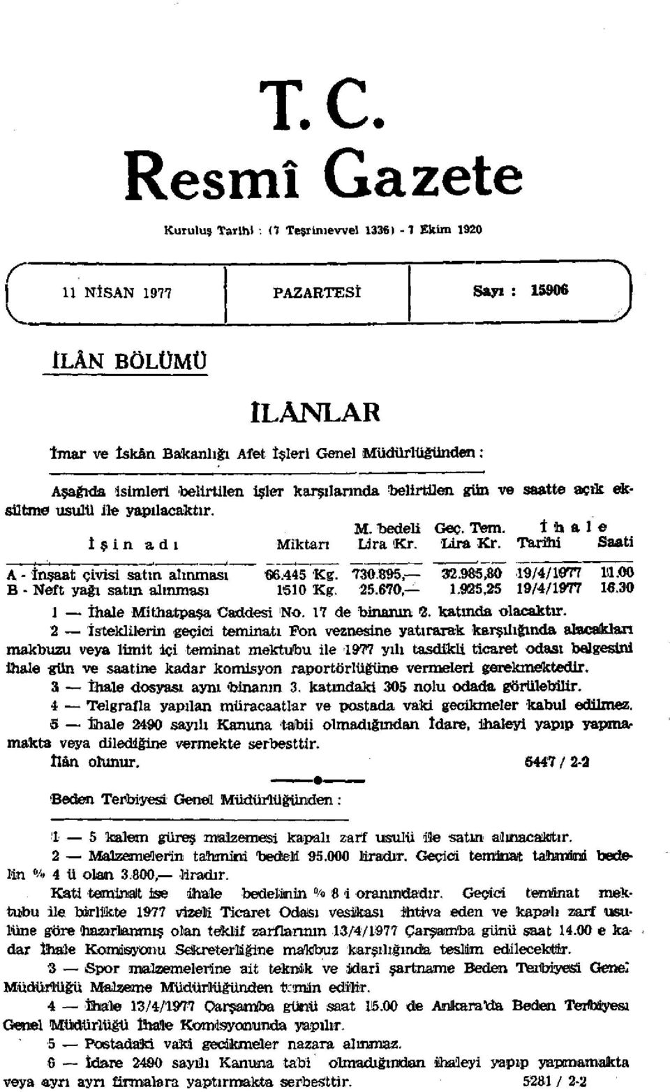 Lira Kr. Tarihi Saati A - İnşaat çivisi satın alınması '66.445 Kg. 730.895, 32.985,80 19/4/1077 111.00 B - Neft yağı satın alınması 1510 Kg. 25.670, 1.9125,25 19/4/1977 16.