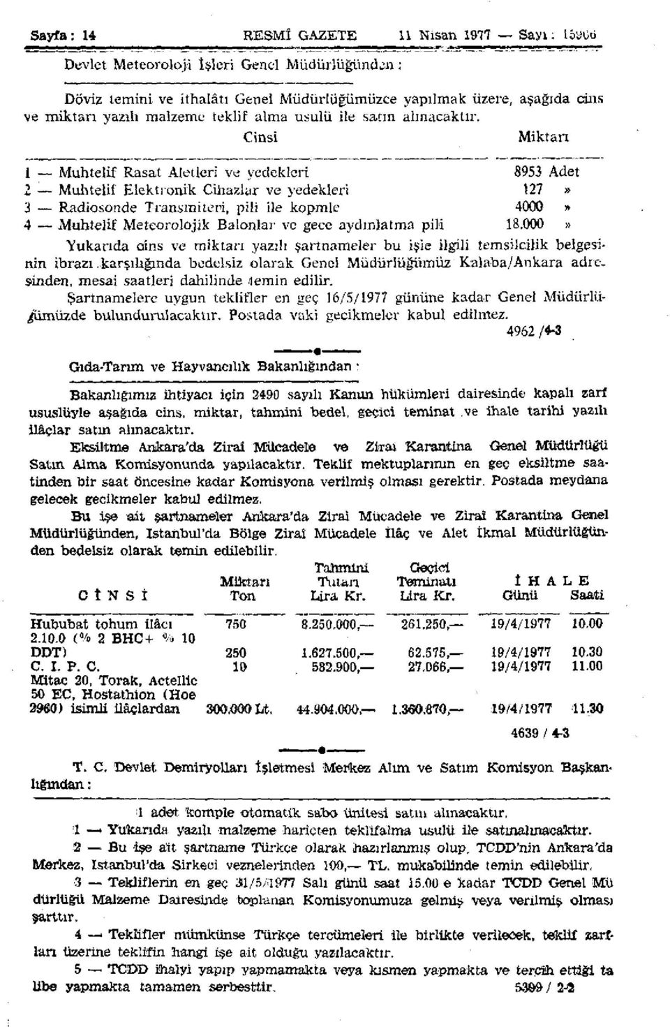 Cinsi 1 Muhtelif Rasat Aletleri ve yedekleri 2 Muhtelif Elektronik Cihazlar ve yedekleri 3 Radiosonde Transmiteni, pili ile kopmle 4 Muhtelif Meteorolojik Balonlar ve gece aydınlatma pili Miktarı