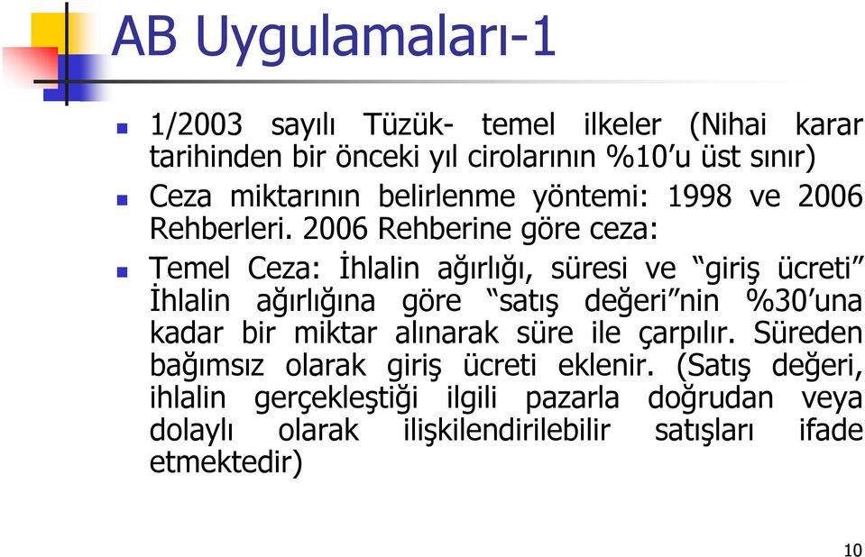 2006 Rehberine göre ceza: Temel Ceza: İhlalin ağırlığı, süresi ve giriş ücreti İhlalin ağırlığına göre satış değeri nin %30 una kadar