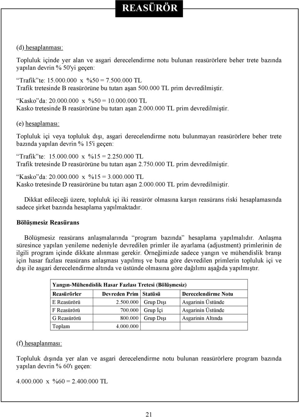 Kasko da: 20.000.000 x %50 = 10.000.000 TL Kasko tretesinde B reasürörüne bu tutarı aşan 2.000.000 TL prim devredilmiştir.