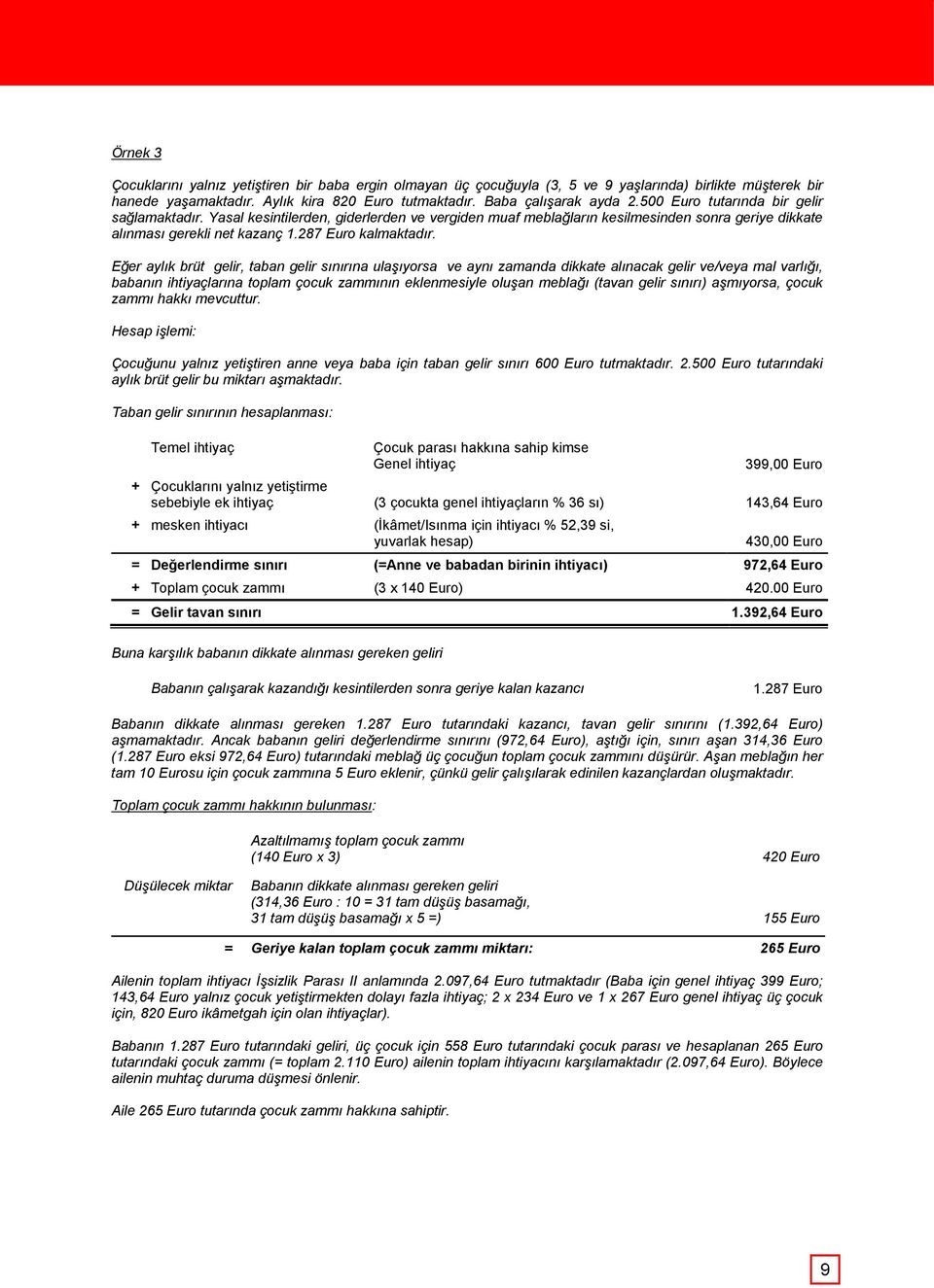 Eğer aylık brüt gelir, taban gelir sınırına ulaşıyorsa ve aynı zamanda dikkate alınacak gelir ve/veya mal varlığı, babanın ihtiyaçlarına toplam çocuk zammının eklenmesiyle oluşan meblağı (tavan gelir