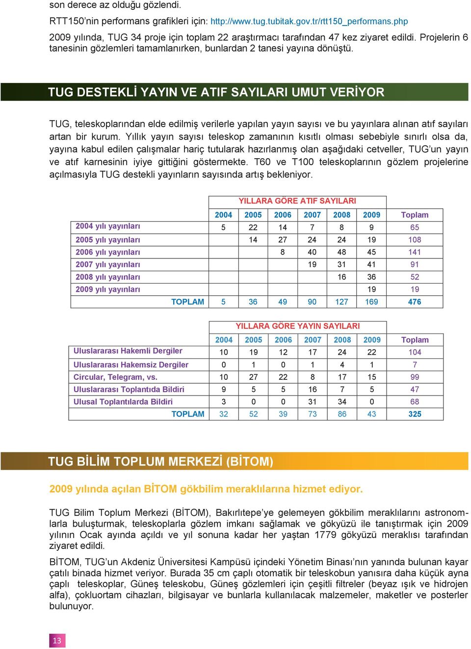 TUG DESTEKLĠ YAYIN VE ATIF SAYILARI UMUT VERĠYOR TUG, teleskoplarından elde edilmiģ verilerle yapılan yayın sayısı ve bu yayınlara alınan atıf sayıları artan bir kurum.