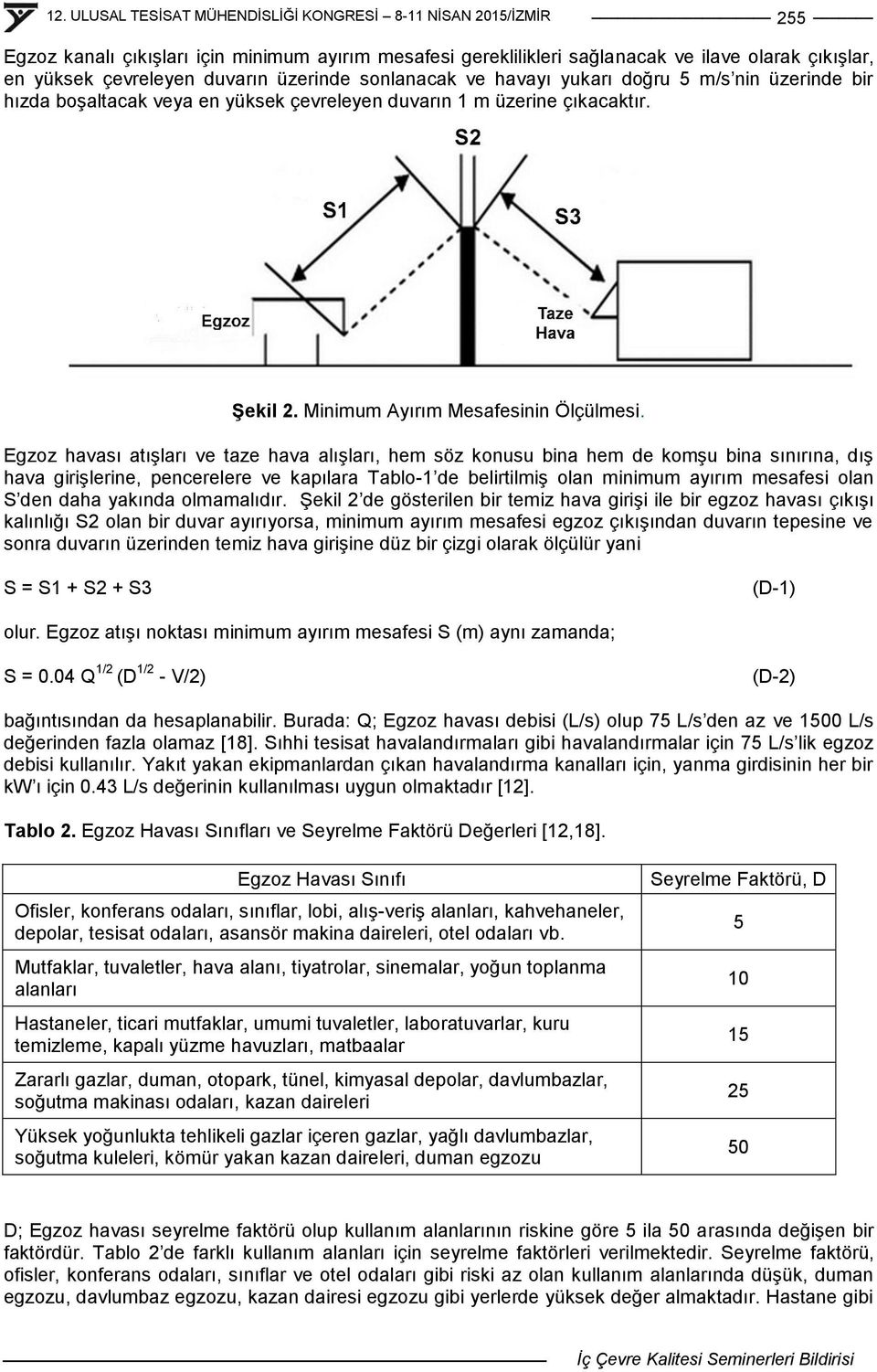 Egzoz havası atıģları ve taze hava alıģları, hem söz konusu bina hem de komģu bina sınırına, dıģ hava giriģlerine, pencerelere ve kapılara Tablo-1 de belirtilmiģ olan minimum ayırım mesafesi olan S