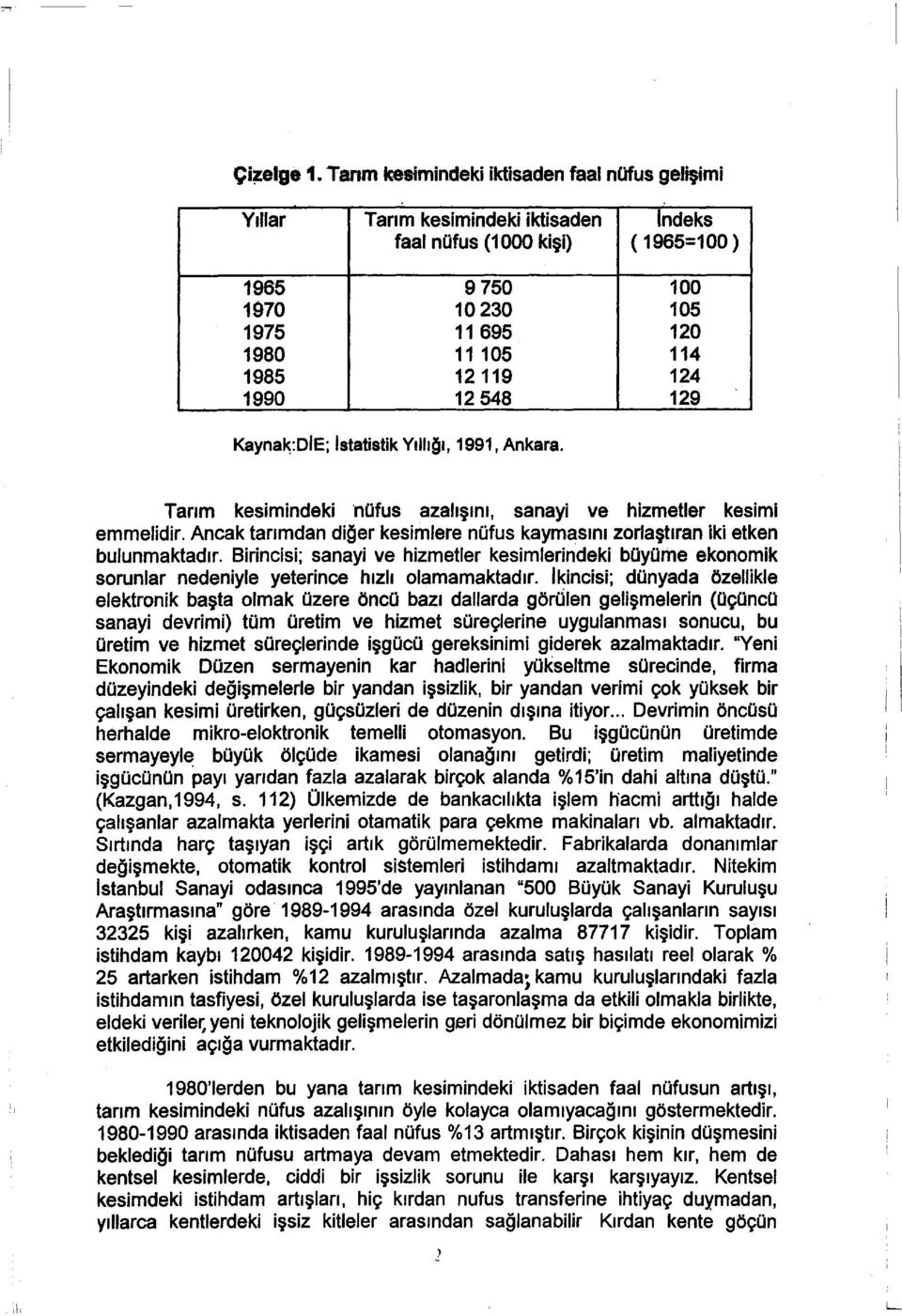1990 12 548 129 Kayna~:DIE; Istatistik Yıllığı, 1991, Ankara. Tarım kesimindeki nüfus azalışını, sanayi ve hizmetler kesimi emmelidir.