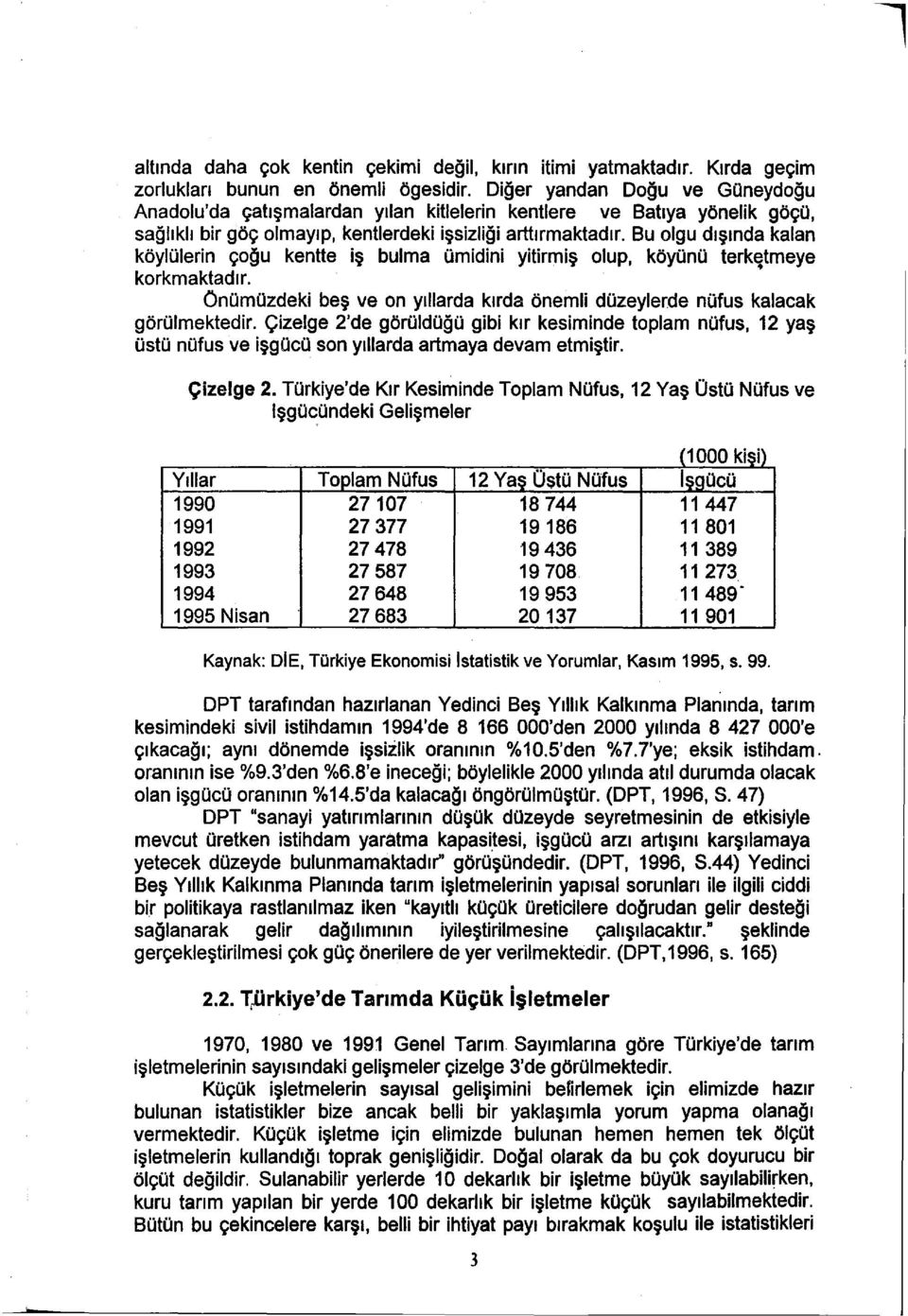 Bu olgu dışında kalan köylülerin çoğu kentte iş bulma ümidini yitirmiş olup, köyünü terk~tmeye korkmaktadır. Önümüzdeki beş ve on yıllarda kırda önemli düzeylerde nüfus kalacak görülmektedir.