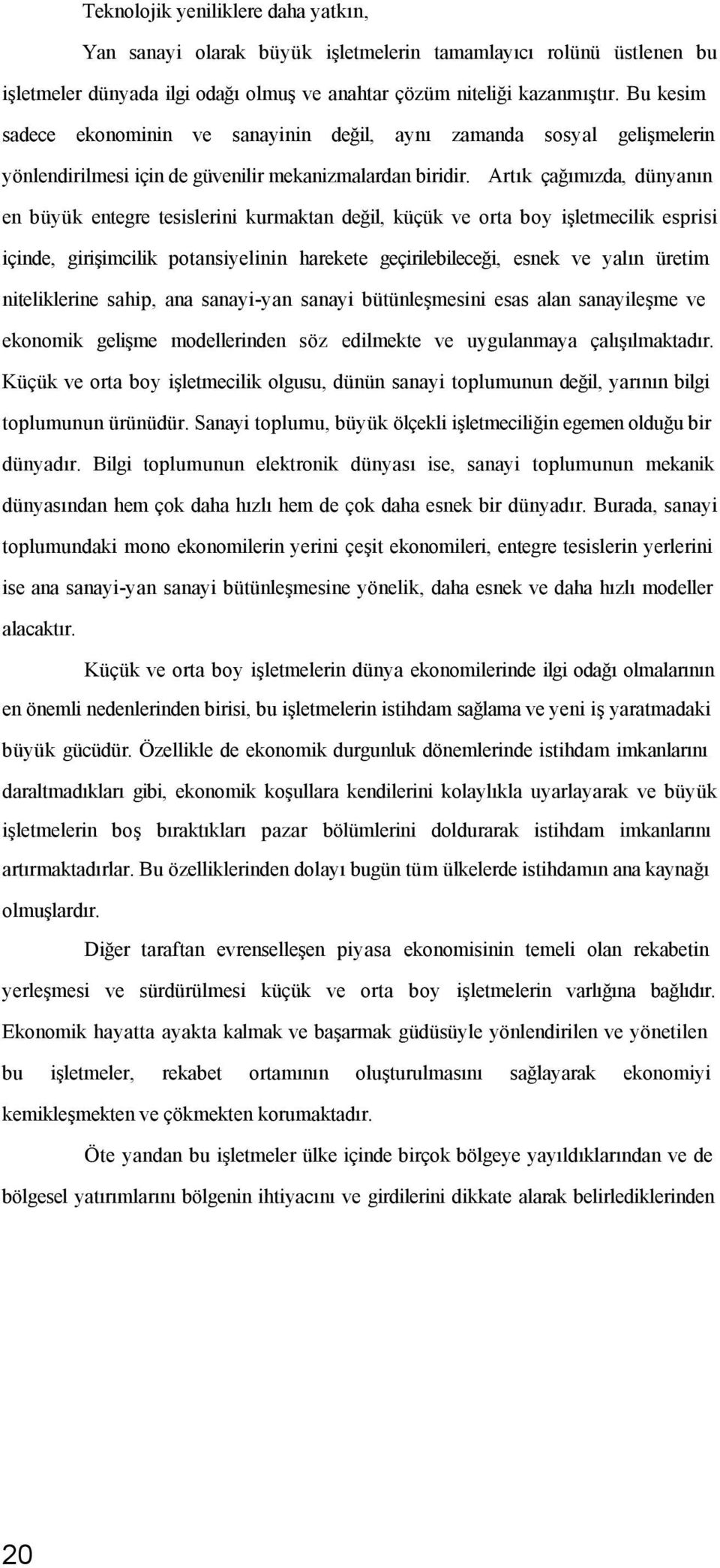 Artık çağımızda, dünyanın en büyük entegre tesislerini kurmaktan değil, küçük ve orta boy işletmecilik esprisi içinde, girişimcilik potansiyelinin harekete geçirilebileceği, esnek ve yalın üretim