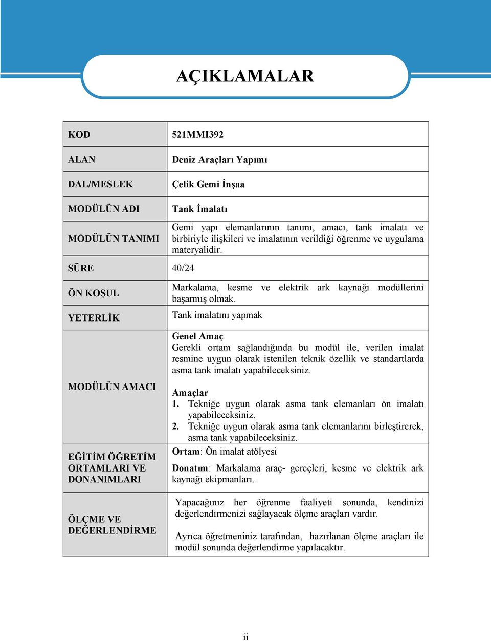 Tank imalatını yapmak Genel Amaç Gerekli ortam sağlandığında bu modül ile, verilen imalat resmine uygun olarak istenilen teknik özellik ve standartlarda asma tank imalatı yapabileceksiniz.