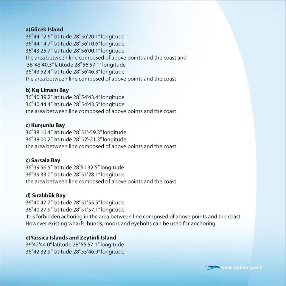 3 longitude the area between line composed of above points and the coast b) Kış Limanı Bay 360 40'39.2 latitude 280 54'43.4 longitude 360 40'44.4 latitude 280 54'43.