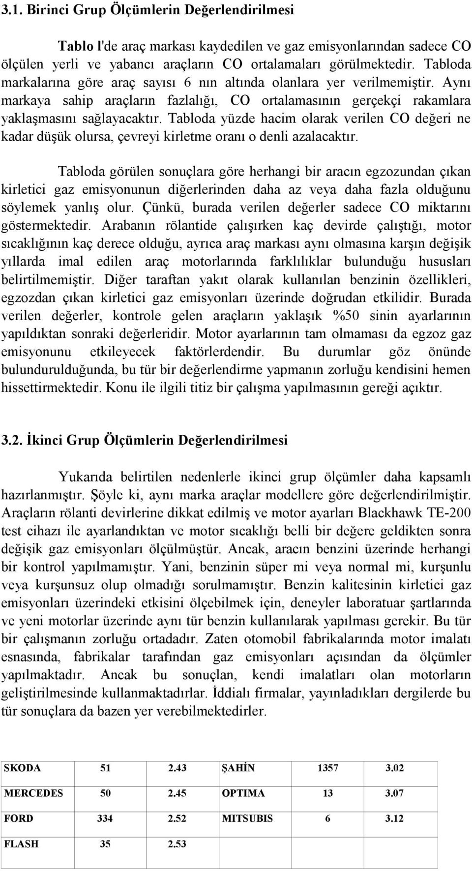 Tabloda yüzde hacim olarak verilen CO değeri ne kadar düşük olursa, çevreyi kirletme oranı o denli azalacaktır.