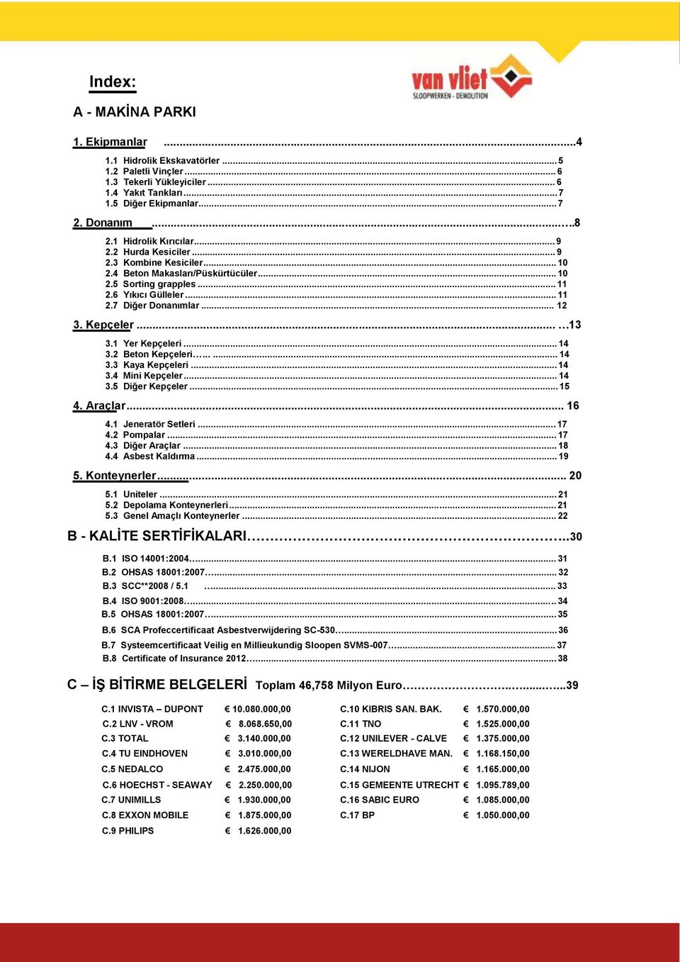 Kepçeler... 13 3.1 Yer Kepçeleri... 14 3.2 Beton Kepçeleri...... 14 3.3 Kaya Kepçeleri... 14 3.4 Mini Kepçeler... 14 3.5 Diğer Kepçeler... 15 4. Araçlar... 16 4.1 Jeneratör Setleri... 17 4.2 Pompalar.