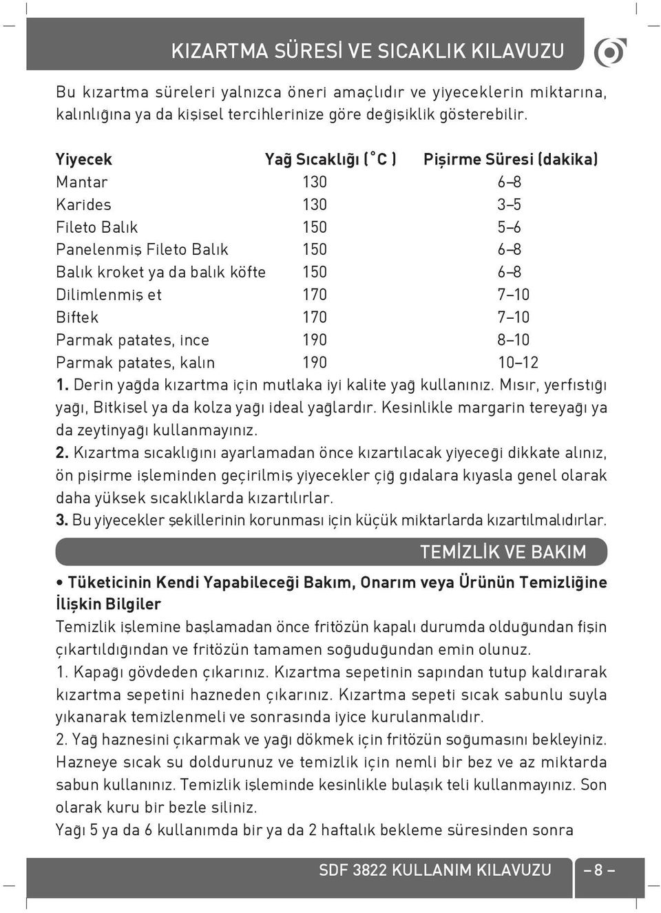 Biftek 170 7-10 Parmak patates, ince 190 8-10 Parmak patates, kal n 190 10-12 1. Derin ya da k zartma için mutlaka iyi kalite ya kullan n z. M s r, yerf st ya, Bitkisel ya da kolza ya ideal ya lard r.