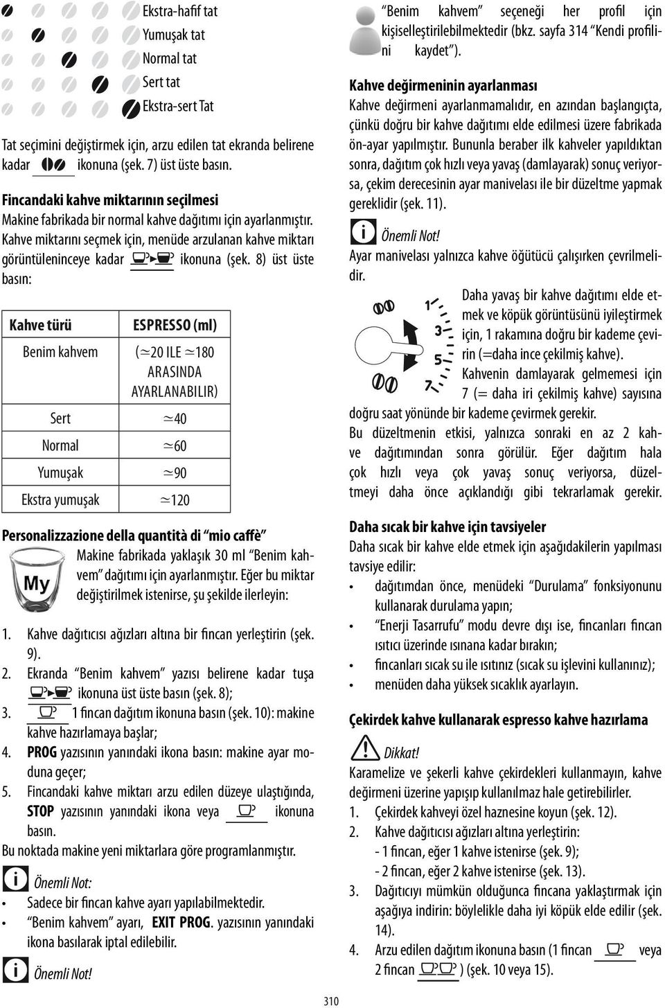 8) üst üste basın: Kahve türü Benim kahvem Sert Normal Yumuşak Ekstra yumuşak espresso (ml) ( 20 ile 180 arasında ayarlanabilir) 40 60 90 120 Personalizzazione della quantità di mio caffè Makine