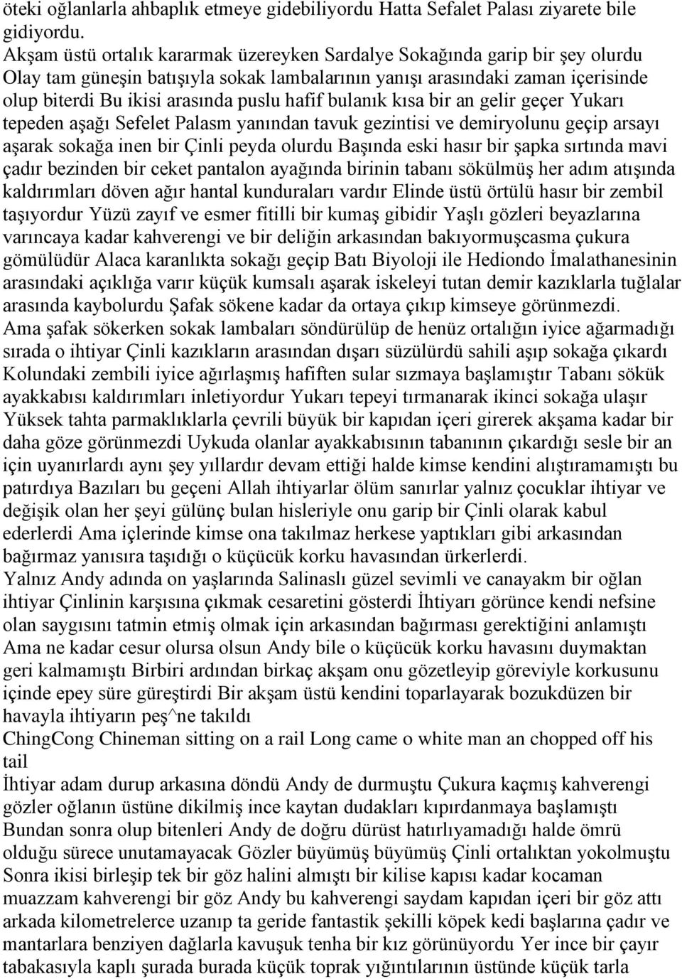 hafif bulanık kısa bir an gelir geçer Yukarı tepeden aşağı Sefelet Palasm yanından tavuk gezintisi ve demiryolunu geçip arsayı aşarak sokağa inen bir Çinli peyda olurdu Başında eski hasır bir şapka