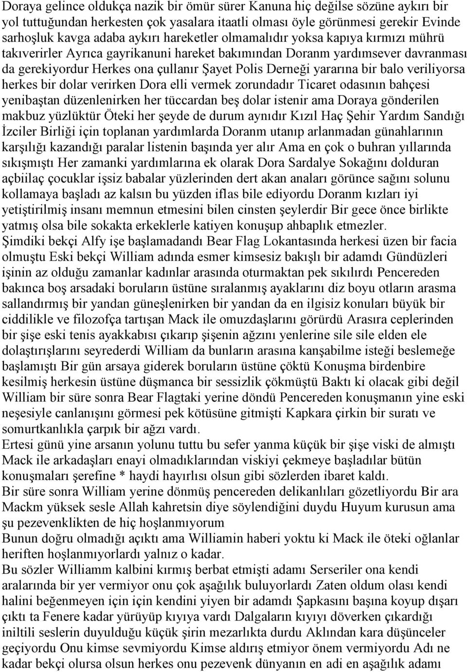 balo veriliyorsa herkes bir dolar verirken Dora elli vermek zorundadır Ticaret odasının bahçesi yenibaştan düzenlenirken her tüccardan beş dolar istenir ama Doraya gönderilen makbuz yüzlüktür Öteki