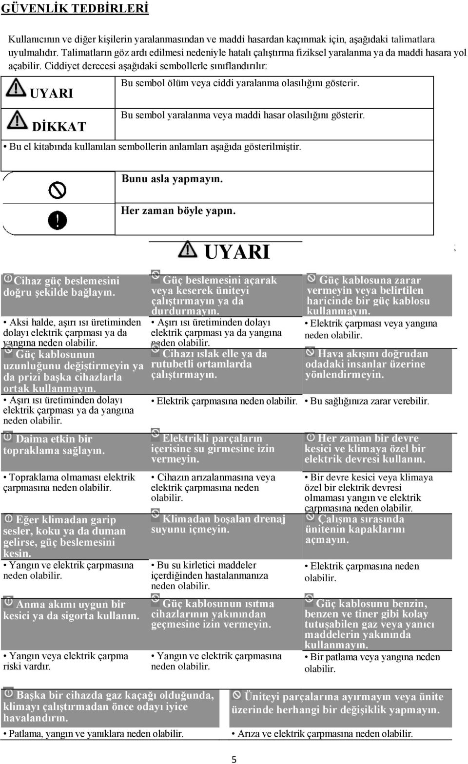 Ciddiyet derecesi aşağıdaki sembollerle sınıflandırılır: UYARI DİKKAT Bu sembol ölüm veya ciddi yaralanma olasılığını gösterir. Bu sembol yaralanma veya maddi hasar olasılığını gösterir.