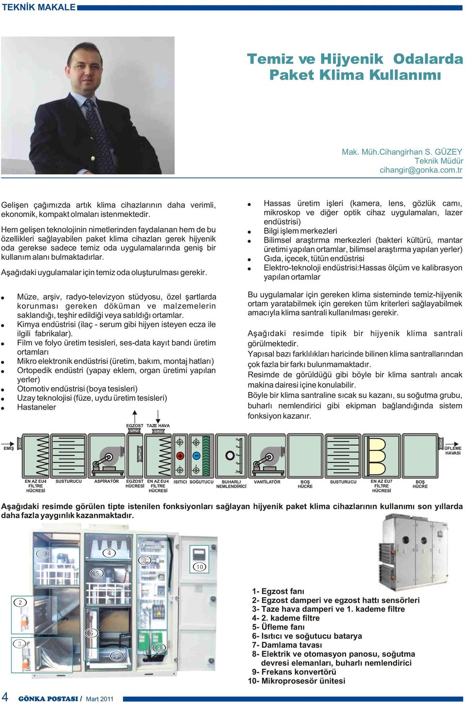 Hem geliþen teknolojinin nimetlerinden faydalanan hem de bu özellikleri saðlayabilen paket klima cihazlarý gerek hijyenik oda gerekse sadece temiz oda uygulamalarýnda geniþ bir kullaným alaný