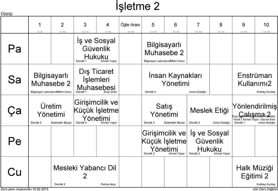 Kaynakları Kullanımı Üretim Selahattin Beyaz Derslik Ahmet Yaşar tış Selahattin Beyaz Meslek Etiği Derslik Yönlendirilmiş lışma / Fikret Umcu /