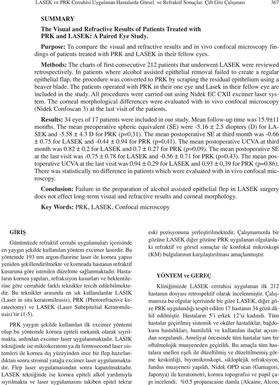 Methods: The charts of first consecutive 212 patients that underwent LASEK were reviewed retrospectively.