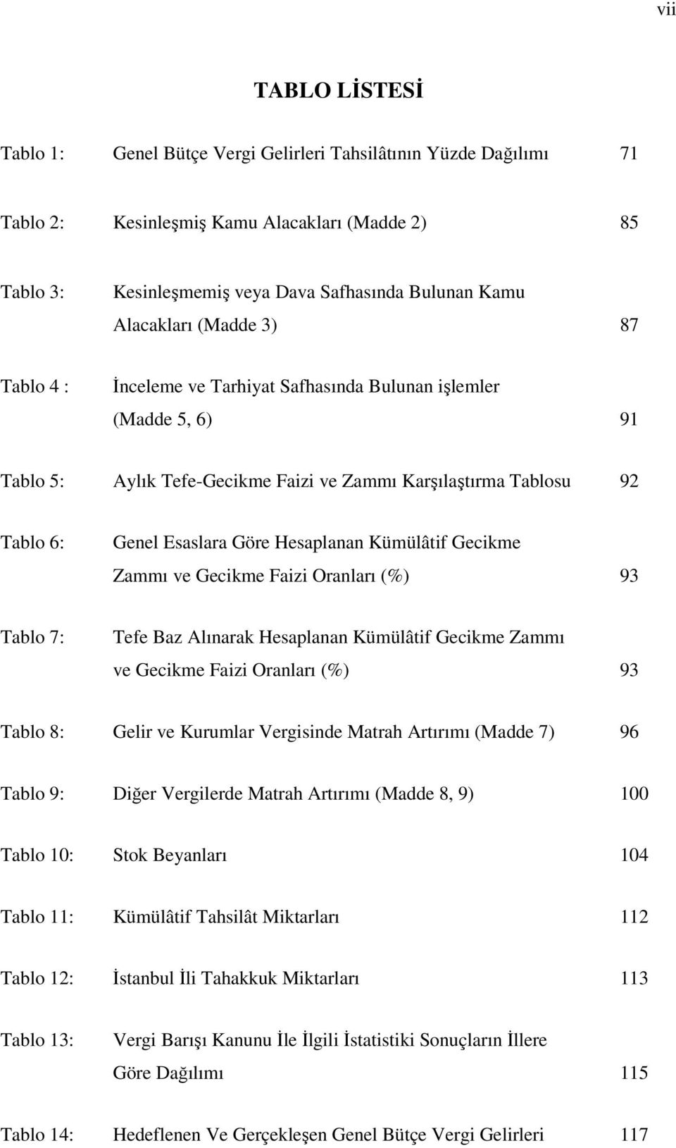 Hesaplanan Kümülâtif Gecikme Zammı ve Gecikme Faizi Oranları (%) 93 Tablo 7: Tefe Baz Alınarak Hesaplanan Kümülâtif Gecikme Zammı ve Gecikme Faizi Oranları (%) 93 Tablo 8: Gelir ve Kurumlar