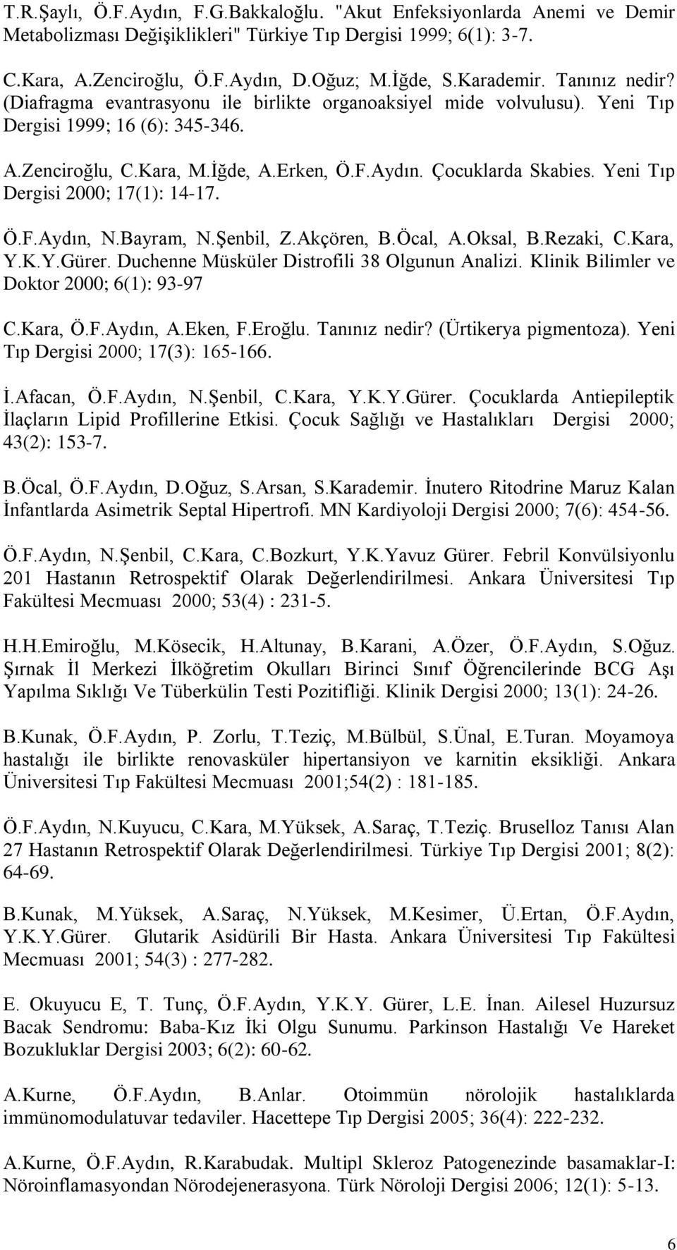 Çocuklarda Skabies. Yeni Tıp Dergisi 2000; 17(1): 14-17. Ö.F.Aydın, N.Bayram, N.Şenbil, Z.Akçören, B.Öcal, A.Oksal, B.Rezaki, C.Kara, Y.K.Y.Gürer. Duchenne Müsküler Distrofili 38 Olgunun Analizi.