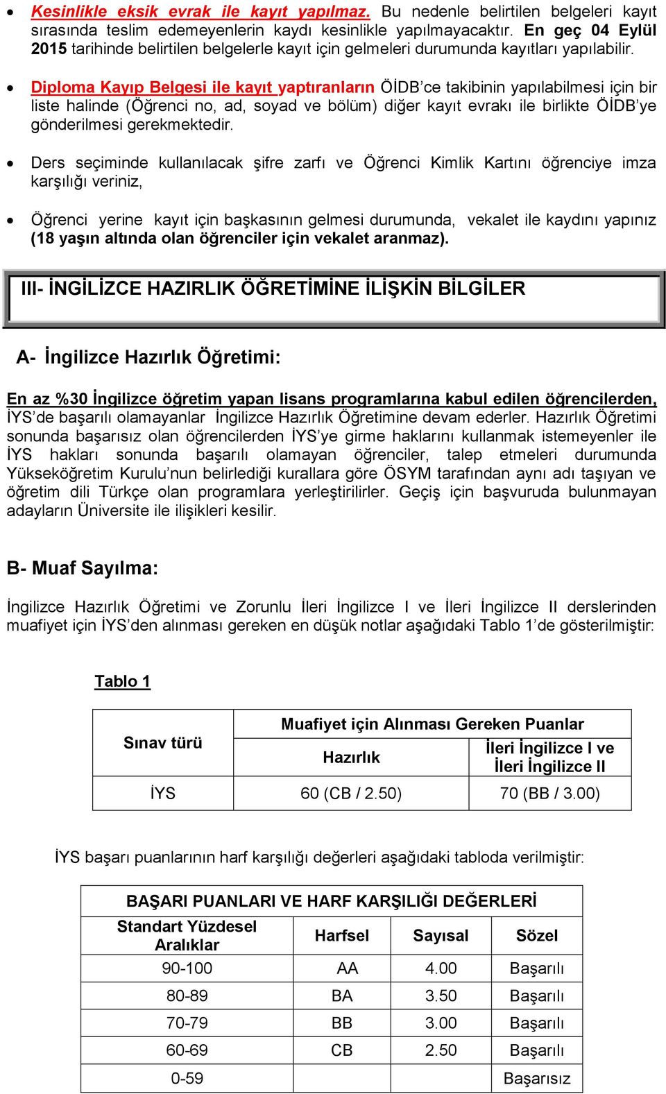 Diploma Kayıp Belgesi ile kayıt yaptıranların ÖİDB ce takibinin yapılabilmesi için bir liste halinde (Öğrenci no, ad, soyad ve bölüm) diğer kayıt evrakı ile birlikte ÖİDB ye gönderilmesi