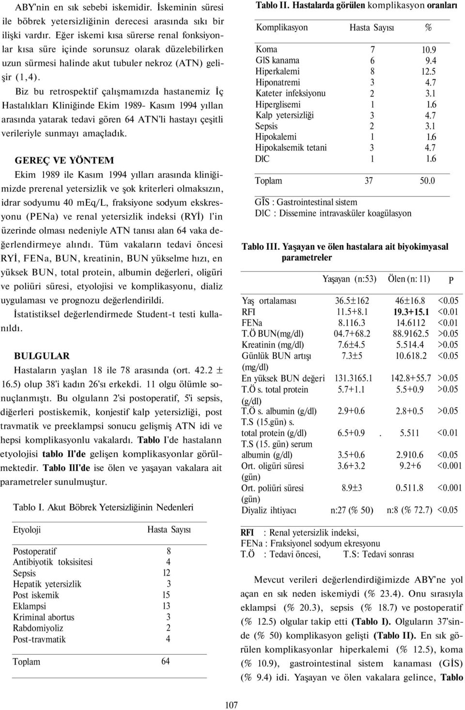 Biz bu retrospektif çalışmamızda hastanemiz İç Hastalıkları Kliniğinde Ekim 989- Kasım 994 yıllan arasında yatarak tedavi gören 64 ATN'li hastayı çeşitli verileriyle sunmayı amaçladık.