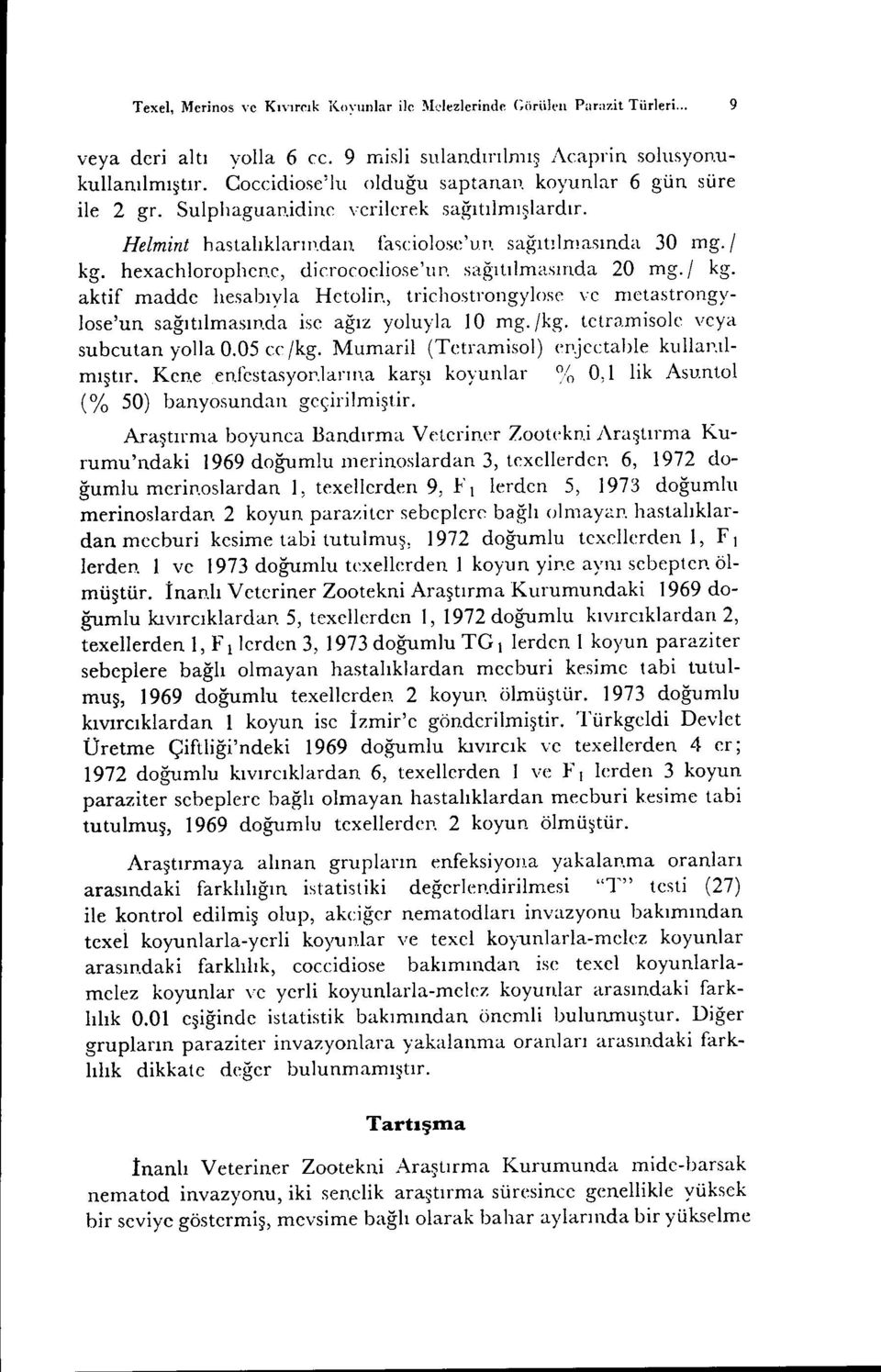 hexachloroplıcnc, dicrococliose'urı. sağıtılmasında 20 mg. i kg. aktif madde hesabıyla Hetolin, triclıostrongylose ve metastrongylose'un sağıtılmasında ise ağız yoluyla io mg./kg. tetr<l.