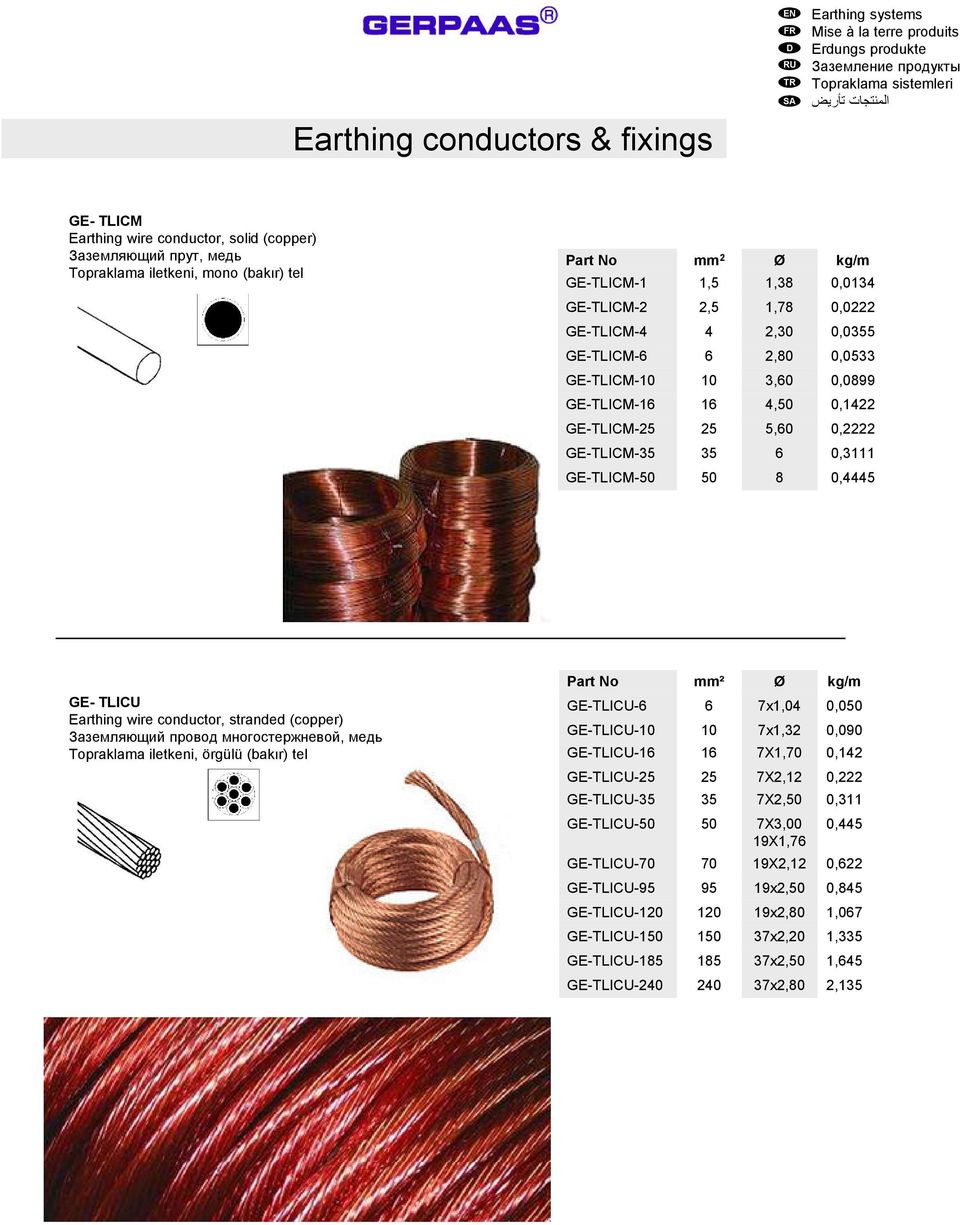 Earthing wire conductor, stranded (copper) Заземляющий провод многостержневой, медь Topraklama iletkeni, örgülü (bakır) tel mm² Ø kg/m GE-TLICU-6 6 7x1,04 0,050 GE-TLICU-10 10 7x1,32 0,090