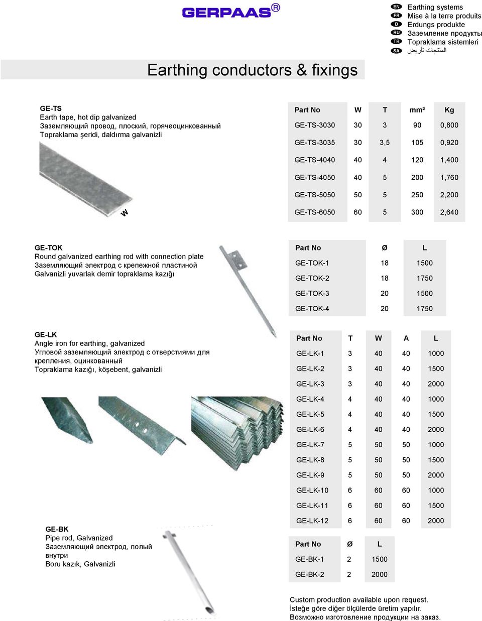 Заземляющий электрод с крепежной пластиной Galvanizli yuvarlak demir topraklama kazığı Ø L GE-TOK-1 18 1500 GE-TOK-2 18 1750 GE-TOK-3 20 1500 GE-TOK-4 20 1750 GE-LK Angle iron for earthing,