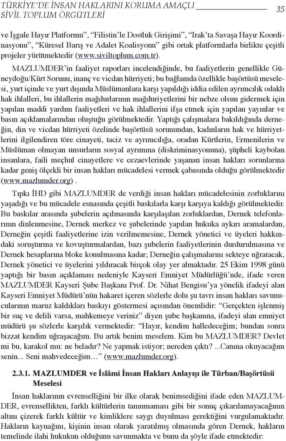 MAZLUMDER in faaliyet raporları incelendiğinde, bu faaliyetlerin genellikle Güneydoğu/Kürt Sorunu, inanç ve vicdan hürriyeti; bu bağlamda özellikle başörtüsü meselesi, yurt içinde ve yurt dışında