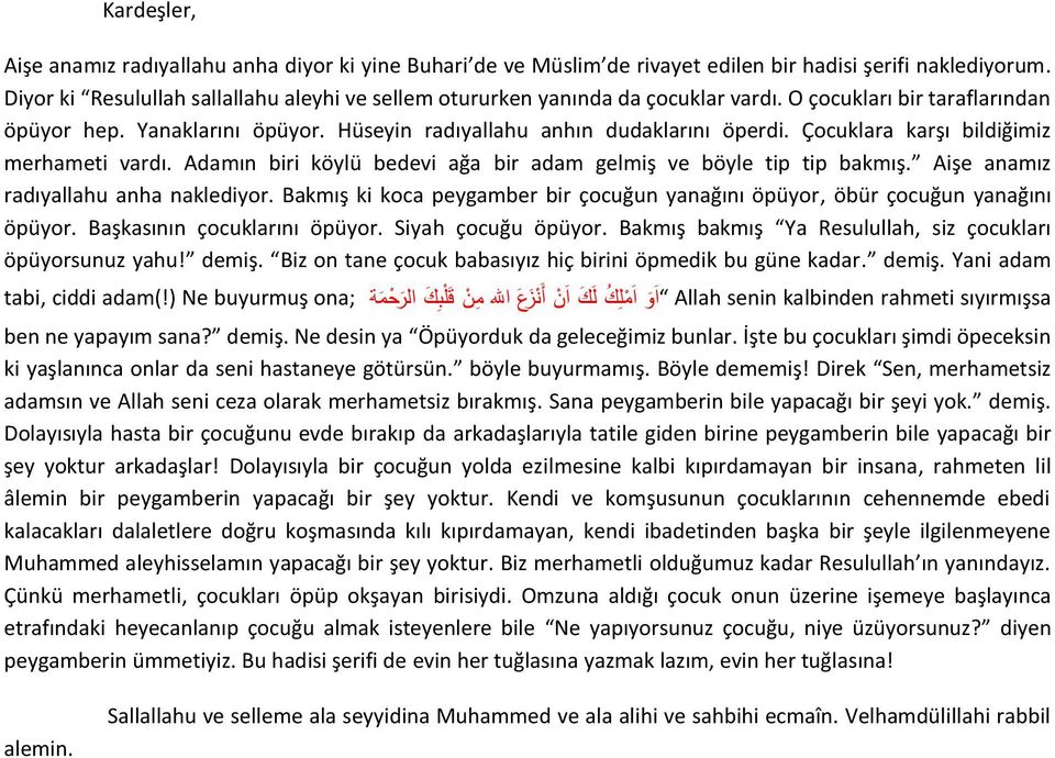 Adamın biri köylü bedevi ağa bir adam gelmiş ve böyle tip tip bakmış. Aişe anamız radıyallahu anha naklediyor. Bakmış ki koca peygamber bir çocuğun yanağını öpüyor, öbür çocuğun yanağını öpüyor.