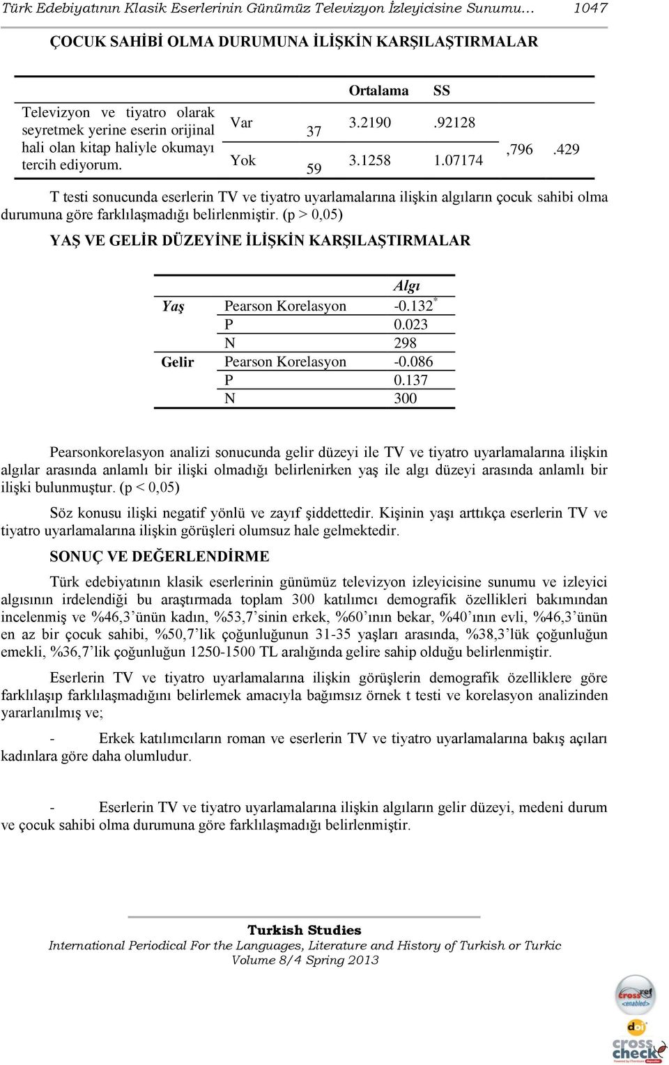 429 T testi sonucunda eserlerin TV ve tiyatro uyarlamalarına ilişkin algıların çocuk sahibi olma durumuna göre farklılaşmadığı belirlenmiştir.