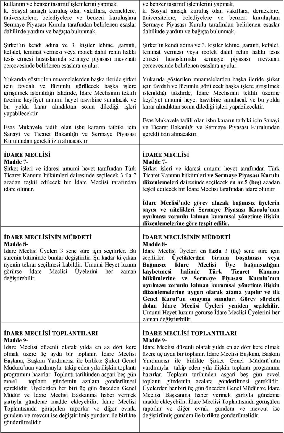 Şirket in kendi adına ve 3. kişiler lehine, garanti, kefalet, teminat vermesi veya ipotek dahil rehin hakkı tesis etmesi hususlarında sermaye piyasası mevzuatı çerçevesinde belirlenen esaslara uyulur.