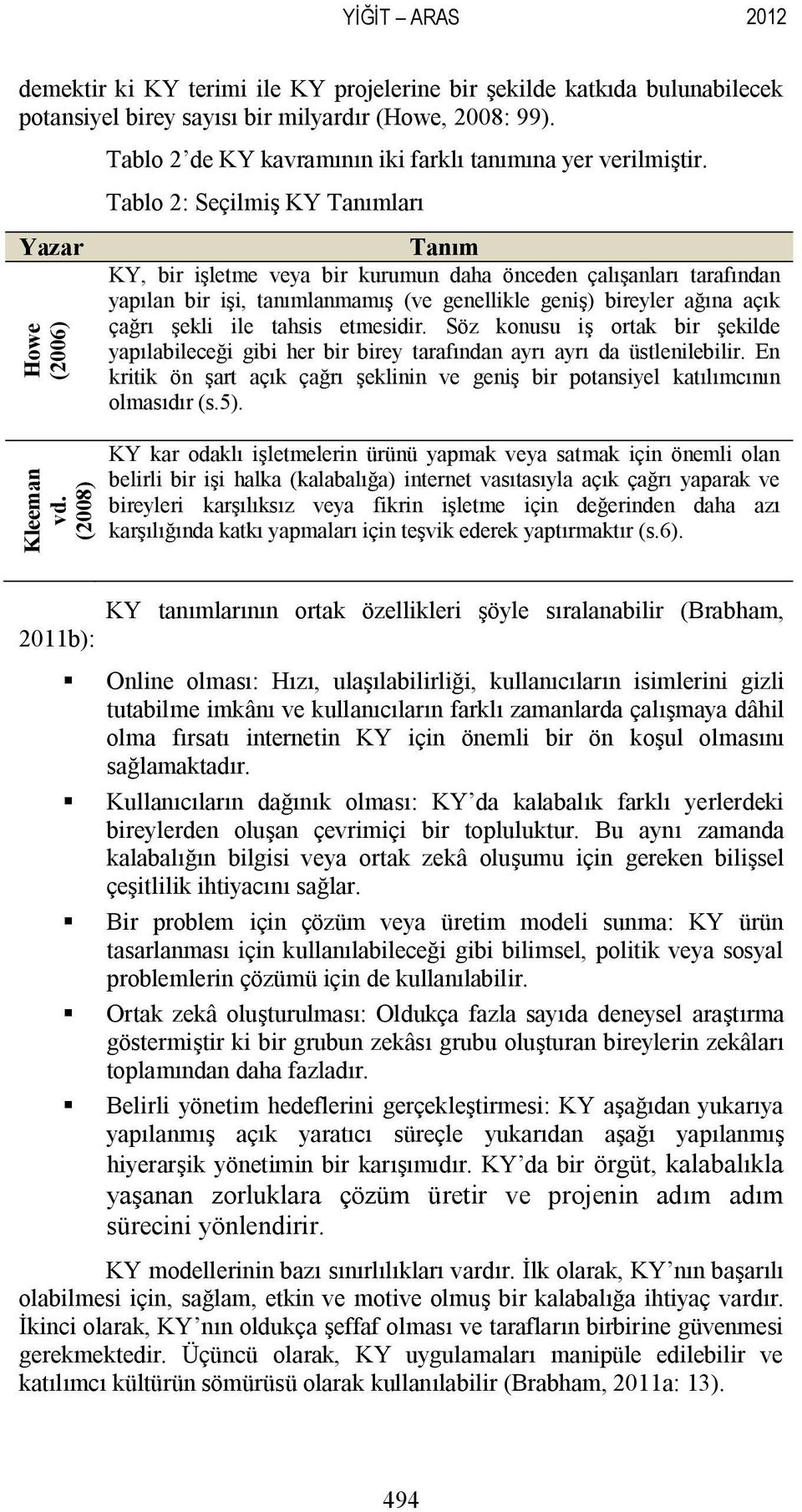 Tablo 2: Seçilmiş KY Tanımları Tanım KY, bir işletme veya bir kurumun daha önceden çalışanları tarafından yapılan bir işi, tanımlanmamış (ve genellikle geniş) bireyler ağına açık çağrı şekli ile