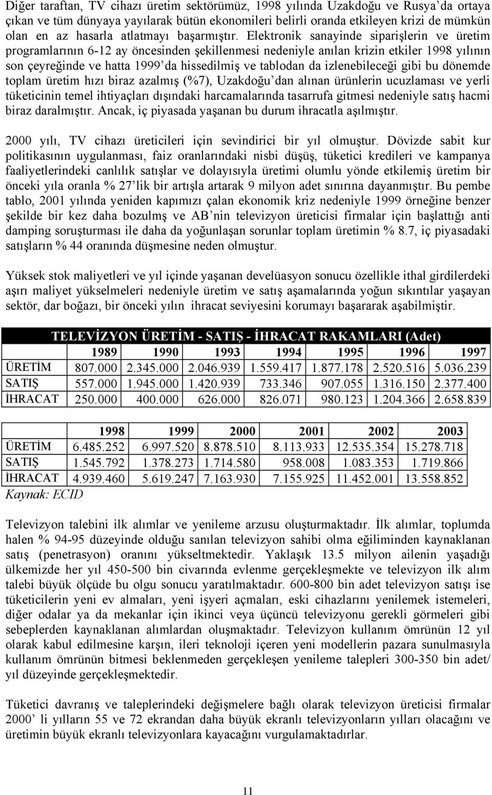 Elektronik sanayinde siparişlerin ve üretim programlarının 6-12 ay öncesinden şekillenmesi nedeniyle anılan krizin etkiler 1998 yılının son çeyreğinde ve hatta 1999 da hissedilmiş ve tablodan da