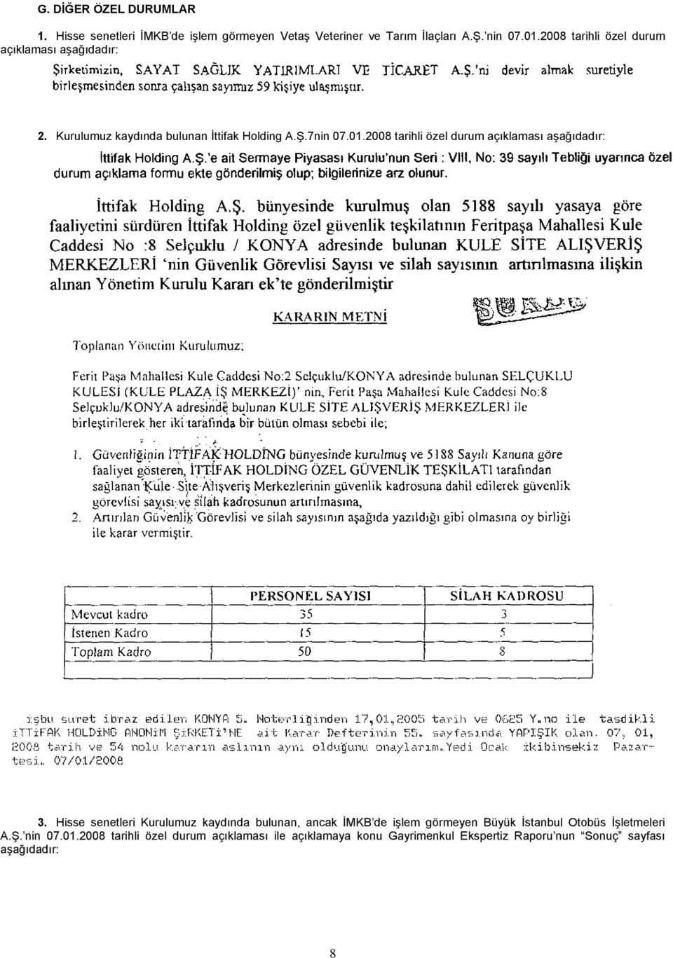 2008 tarihli özel durum açıklaması aşağıdadır: 3.