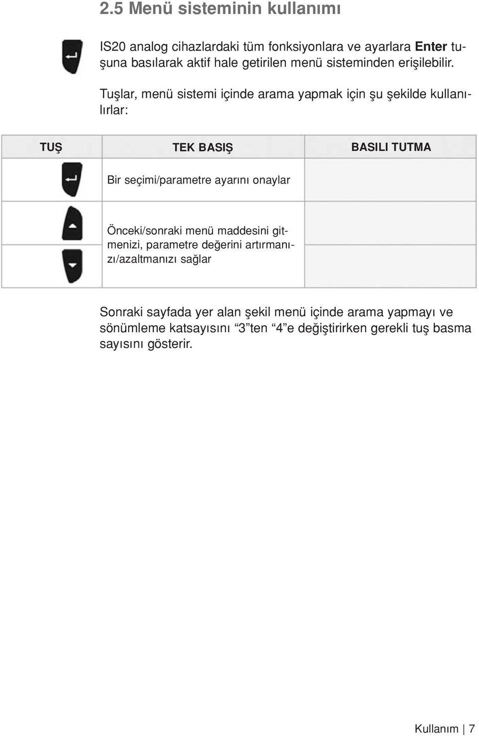 Tufllar, menü sistemi içinde arama yapmak için flu flekilde kullan - l rlar: TUfi TEK BASIfi BASILI TUTMA Bir seçimi/parametre ayar n