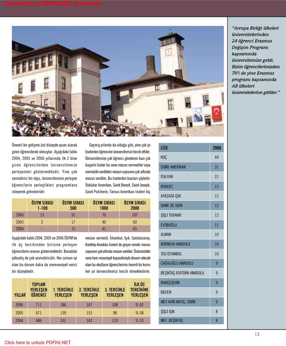 Afla daki tablo 2004, 2005 ve 2006 y llar nda ilk 2 bine giren ö rencilerden üniversitemize yerleflenleri göstermektedir.