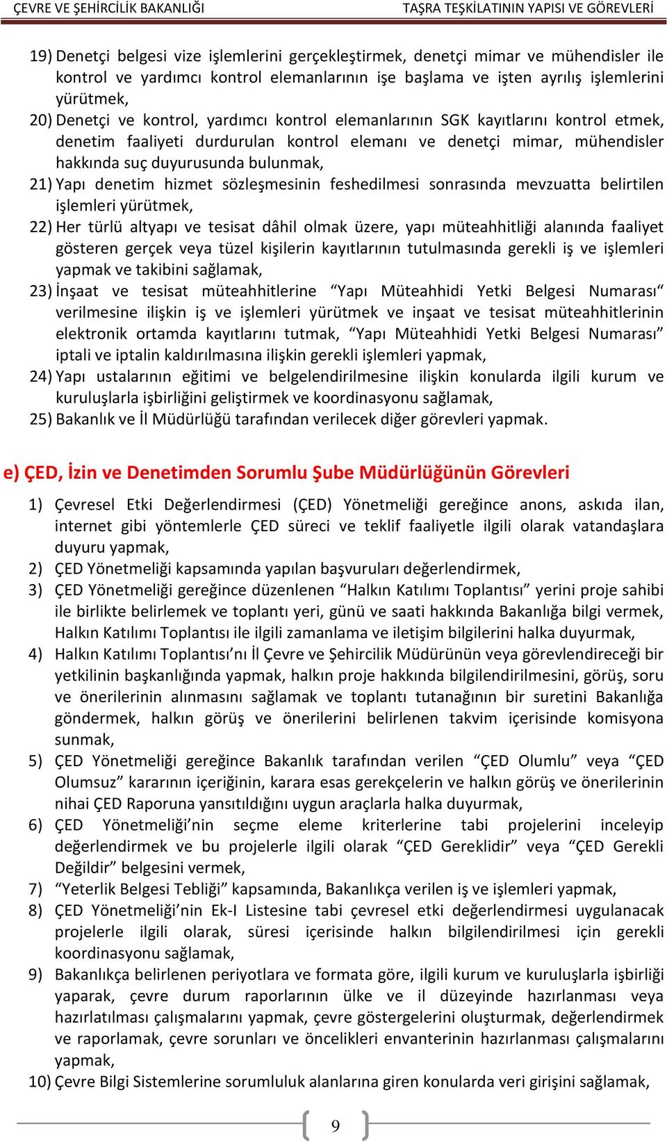 hizmet sözleşmesinin feshedilmesi sonrasında mevzuatta belirtilen işlemleri yürütmek, 22) Her türlü altyapı ve tesisat dâhil olmak üzere, yapı müteahhitliği alanında faaliyet gösteren gerçek veya