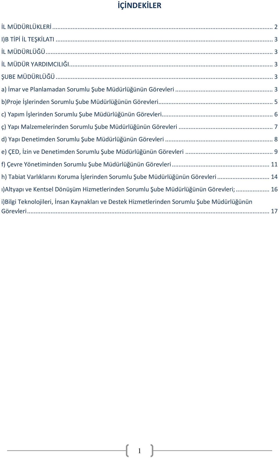 .. 7 d) Yapı Denetimden Sorumlu Şube Müdürlüğünün Görevleri... 8 e) ÇED, İzin ve Denetimden Sorumlu Şube Müdürlüğünün Görevleri... 9 f) Çevre Yönetiminden Sorumlu Şube Müdürlüğünün Görevleri.