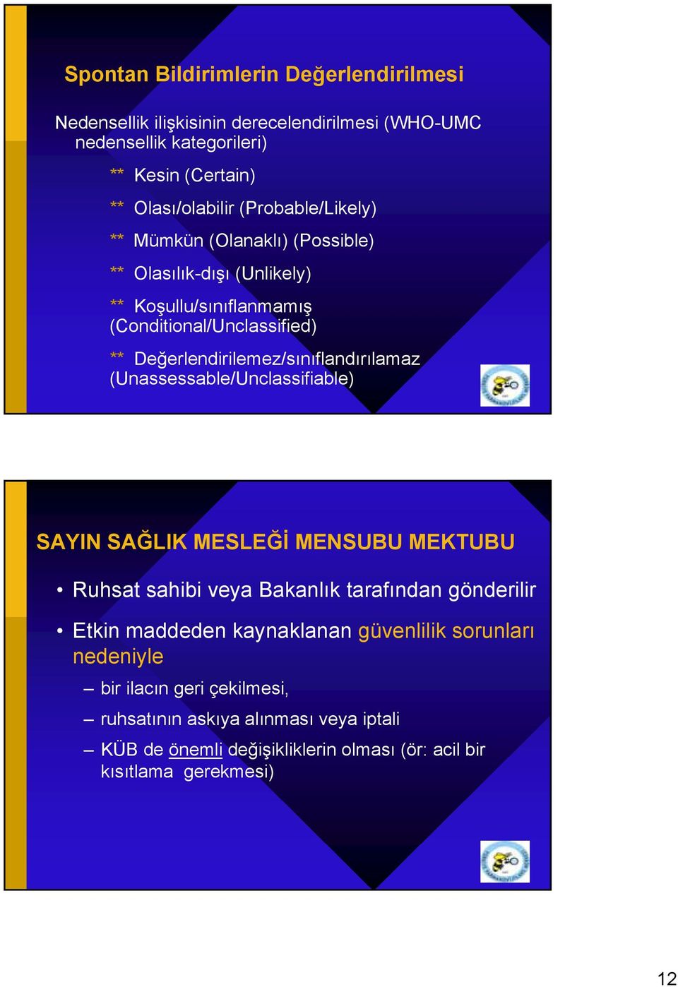 Değerlendirilemez/sınıflandırılamaz (Unassessable/Unclassifiable) SAYIN SAĞLIK MESLEĞİ MENSUBU MEKTUBU Ruhsat sahibi veya Bakanlık tarafından gönderilir Etkin