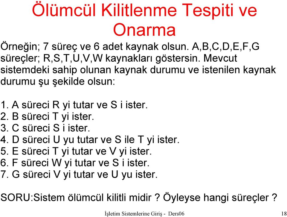 B süreci T yi ister. 3. C süreci S i ister. 4. D süreci U yu tutar ve S ile T yi ister. 5. E süreci T yi tutar ve V yi ister. 6.