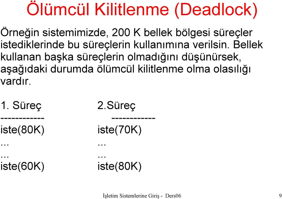 Bellek kullanan başka süreçlerin olmadığını düşünürsek, aşağıdaki durumda ölümcül kilitlenme