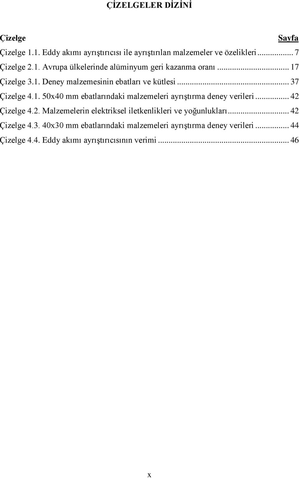 .. 42 Çizelge 4.2. Malzemelerin elektriksel iletkenlikleri ve yoğunlukları... 42 Çizelge 4.3.