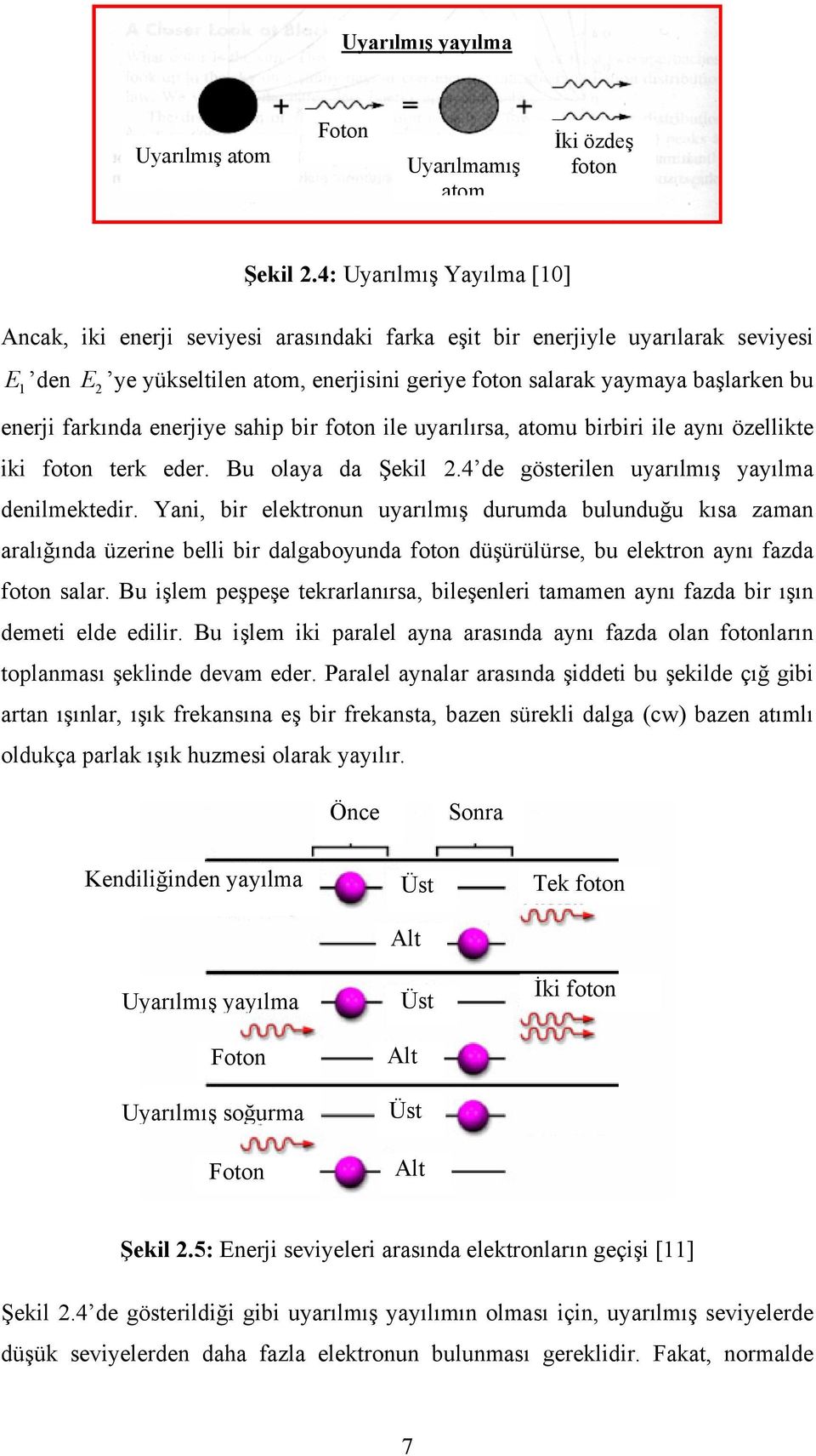 farkında enerjiye sahip bir foton ile uyarılırsa, atomu birbiri ile aynı özellikte iki foton terk eder. Bu olaya da Şekil 2.4 de gösterilen uyarılmış yayılma denilmektedir.