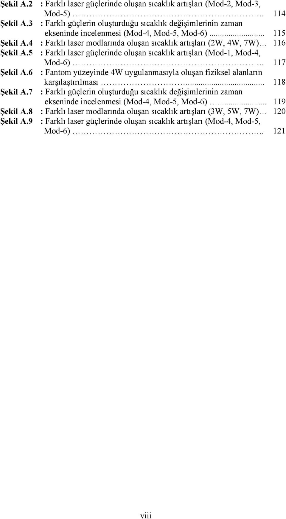 4 : Farklı laser modlarında oluşan sıcaklık artışları (2W, 4W, 7W) 116 Şekil A.5 : Farklı laser güçlerinde oluşan sıcaklık artışları (Mod-1, Mod-4, Mod-6).. 117 Şekil A.